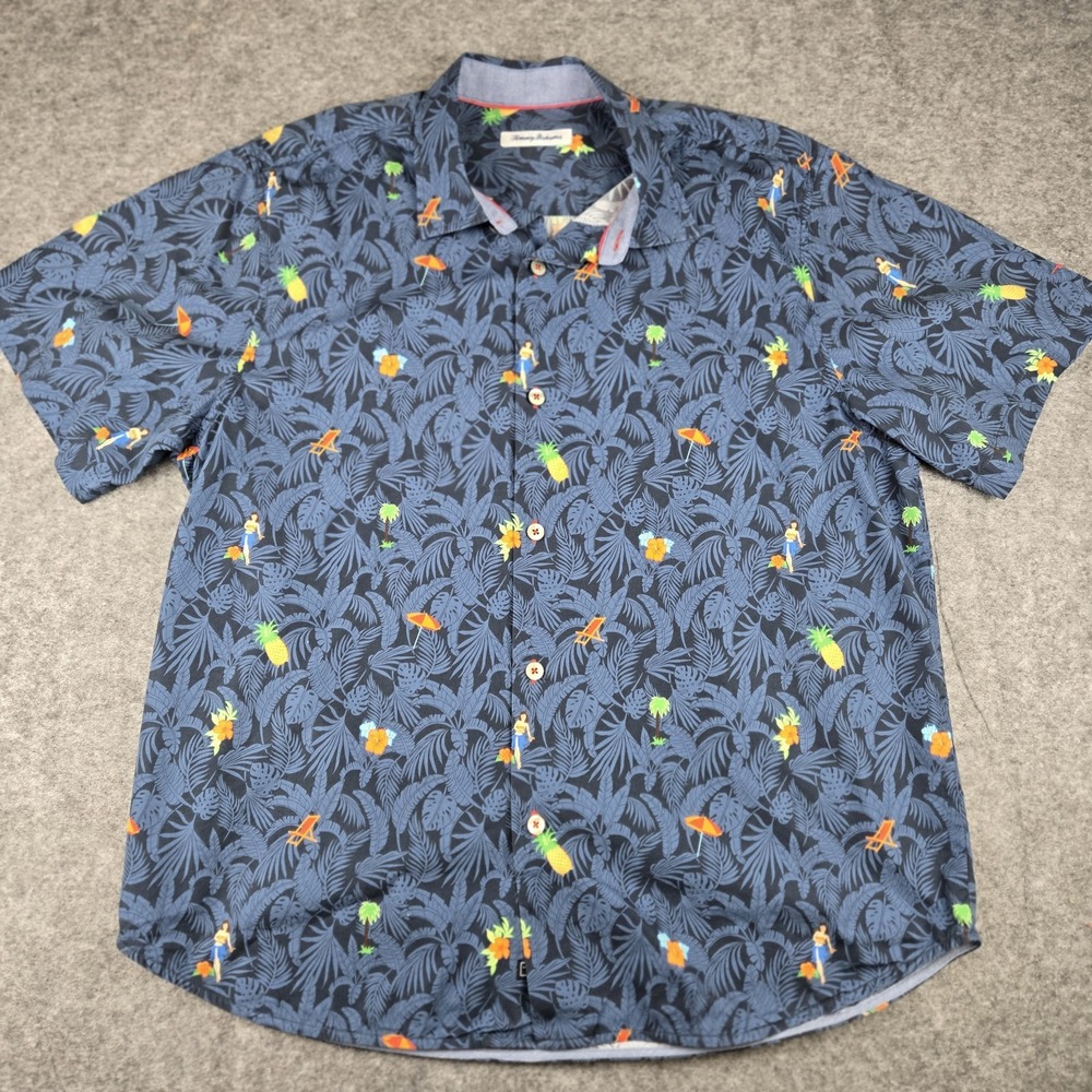 Tommy Bahama Short Sleeve All Over Print Men's Size XL Navy Shirt‎ Hula Girl